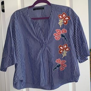 Zara blue white SS striped button up blouse embroidered flowers. Oversized M